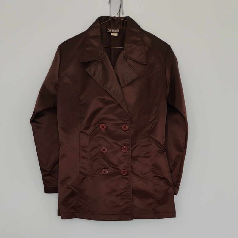 Vintage 90s City Sites Brown Satin-look Brown Double Breasted Trench Women's L/M